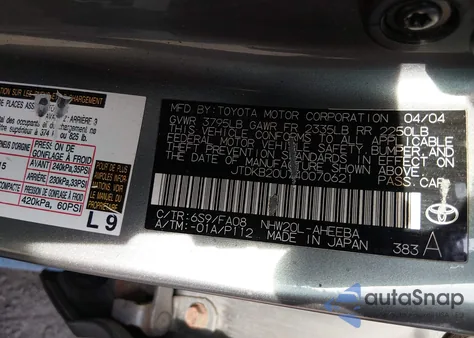 2004 Toyota Prius z USA, uszkodzony, nr VIN JTDKB20U740070621